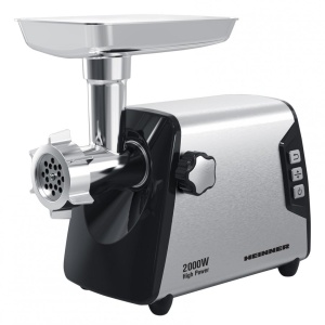 Masina de tocat Heinner Blade Pro HMG-Y2000SS, Putere 2000W, 3kg/min, Angrenaj metalic, Carcasa din aluminiu, Cutit inox, 3 site metalice, Functie reverse, Negru/Argintiu - Img 1