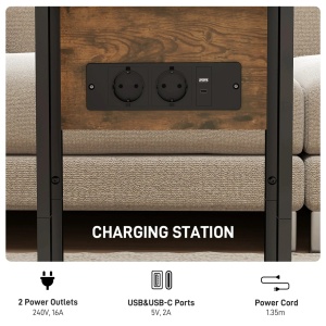 Masuta de cafea extensibila tip C cu 2 statii incarcare Re-Bloom, MDF/metal, 39x29x57 cm, blat 39x29-58 cm, USB+USB-C 5V2A, 10 kg, maro rustic/negru - Verificat A · Re-Bloom - Img 5