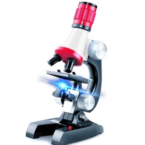 Microscop RS Toys pentru copii, cu lumini si baterii, negru cu rosu