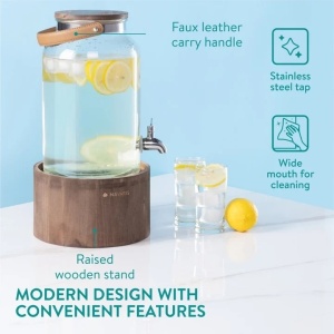 Navaris dozator bauturi 5.6L, suport lemn, robinet inox, maner piele, Transparent/Maro - Verificat A · Re-Bloom - Img 2