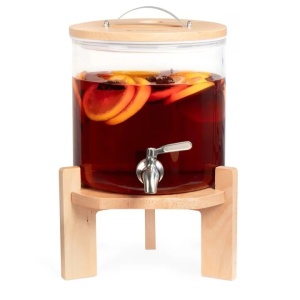 Navaris dozator bauturi sticla borosilicata cu stand lemn fag, 5L, Ø20x20cm, inaltime totala 34cm, 2.5kg, robinet inox/silicon, capac lemn/inox, compatibil masina spalat vase, maro - Verificat A · Re-Bloom