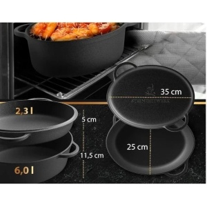 Oala cu capac din fonta, 6 l, 2in1, pentru cuptor, plita, gaz, electric, cu inductie, ovala, 35x25x17 cm, Negru, Resigilat, Grad A - Img 4