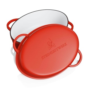 Oala cu capac Steinzeitwerk din fonta emailata, 6 l, 8kg, 2in1, pentru cuptor, plita, gaz, electric, cu inductie, ovala, 35x25x17 cm, Rosu, Resigilat, Grad A - Img 3