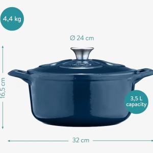 Oala fonta emailata Navaris, albastru, cu capac, pentru cuptor, plita, gaz, electric, cu inductie, cu infrarosu, 24 cm, 3.5 l, Resigilat, Grad A - Img 5