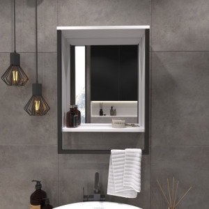 Oglinda cu spatiu de depozitare Places of Style, lemn/sticla/metal, alb/negru, 48 x 67 cm