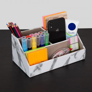 Organizator pentru birou AINAK, piele PU/MDF, gri, 24 x 13,5 x 12 cm - Img 3