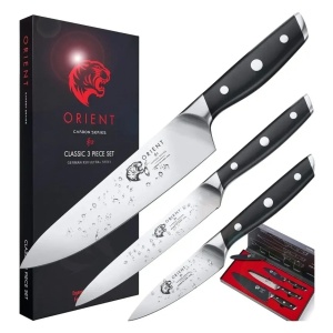Orient Carbon Series set 3 cutite bucatarie, otel inoxidabil german X50 Ultra+ 56HRC, cutit bucatar 20cm + utilitar 15cm + legume 9.5cm, capace protectie incluse, negru - Verificat A · Re-Bloom