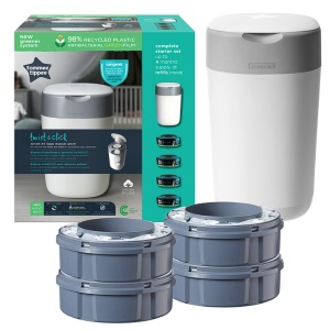 Pachet Cos pentru scutece + 4 Rezerve Tommee Tippee Sangenic Twist and Click Reciclabil, Alb/Gri, Resigilat, Grad A