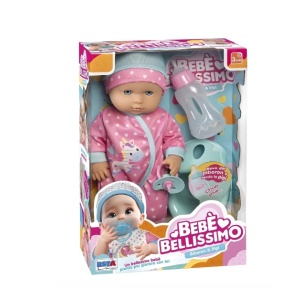 Papusa bebelus cu salopeta stelute si unicorn si caciula multicolora, 30 cm, olita, biberon si suzeta incluse
