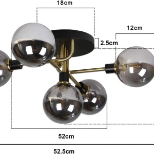 Plafoniera Zmh, 5 lumini, metal/sticla, negru/auriu/gri fumuriu, 52,5 x 26 cm