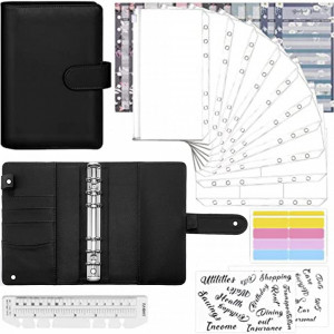 Planificator de buget cu accesorii si etichete Iycorish, PU/hartie/plastic, negru, 19 x 13 cm