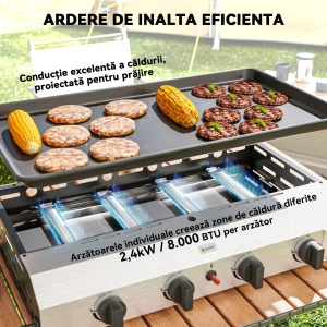 Plita de gratar pe gaz cu 4 arzatoare, otel inoxidabil/metal, 77x44.5x19 cm, suprafata gatit 73x34cm, 4x2.4kW/8000BTU, placa 3mm, propan, tava grasime, regulator + duza incluse, argintiu/negru - Verificat A · Re-Bloom - Img 6