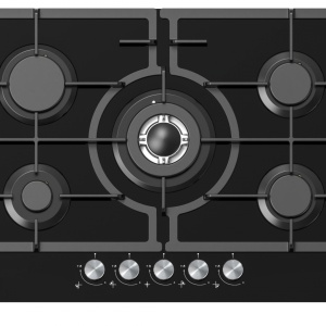 Plita incorporabila Heinner HBH-M705IWFGBK, Gaz, 5 arzatoare, Latime 75cm, Gratar fonta, Wok, Aprindere electrica, Sticla neagra - Img 1