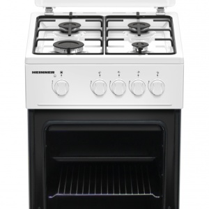 Produs Resigilat Aragaz gaz HEINNER HFSC-K50WH, 50x50cm, 4 arzatoare, suport email, capac metalic, dispozitiv de siguranta plita si cuptor, usa cuptor cu geam dublu detasabil, duze gpl incluse, tava si gratar cromat, dimensiuni: 50x50x85cm, culoare: alb - Img 2