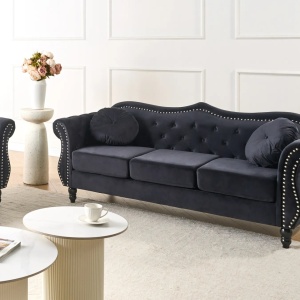 Produs Resigilat Canapea 3 locuri Re-Bloom Skien, catifea/eucalipt/pin, 204x78x86 cm, arcuri sinuoase, spuma 16cm, 2 perne, 150 kg/persoana, negru - Verificat A - Img 2