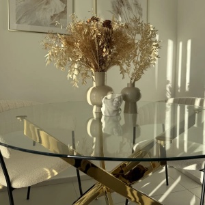 Produs Resigilat Masa rotunda Re-Bloom Maramo, sticla securizata/otel, diametru 120 cm, inaltime 75 cm, 4 persoane, 80 kg, auriu/transparent - Verificat A - Img 6