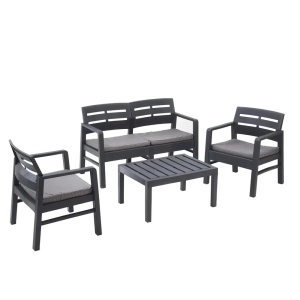Progarden set mobilier gradina Java 4 piese, polipropilena, canapea 2L 121x58x74 cm + 2 scaune 63x58x74 cm + masa 74x55x38 cm, perne incluse, antracit - Verificat A · Re-Bloom