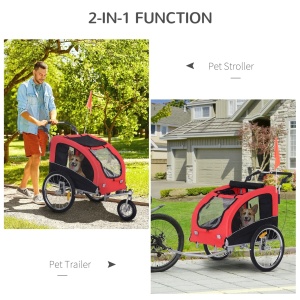 Remorca de bicicleta 2in1 carucior pentru animale, otel/poliester Oxford impermeabil/PU, 155x83x108 cm, spatiu interior 77x60x56 cm, roti spate 51cm + fata 25cm pivotanta 360°, capacitate 30kg, potrivita caini pana la 20kg/53cm, rosu/negru - Verificat A · - Img 4