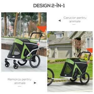 Remorca de bicicleta 2in1 carucior pentru caini pliabil, aluminiu/tesatura Oxford, 150x68x95 cm pliat 94x43x20 cm, roti 6"/16", capacitate 30kg, potrivita caini pana la 20kg/49cm, verde/negru - Verificat A · Re-Bloom - Img 4