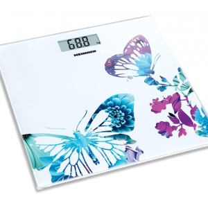 RESIGILAT – CANTAR DE BAIE HEINNER HBS-150BTF, 150kg, platforma din sticla securizata 6mm, display LCD, Alb/Abstract