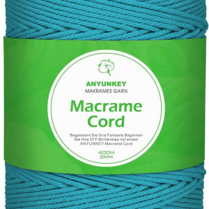 Rola de macrame pentru mestesuguri ANYUNKEY, bumbac, albastru, 400m x 3 mm - Img 1