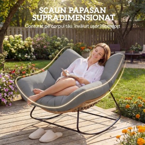 Scaun balansoar de terasa, metal/ratan sintetic/poliester, 97x107x79 cm, sezut 60x60cm/inaltime 40cm, perna 136x128x10cm inclusa, capacitate 120kg, lemn natural/gri - Verificat A · Re-Bloom - Img 6