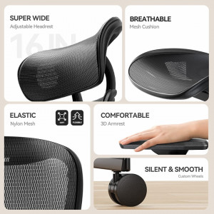 Scaun de birou ergonomic NOBLEWELL, plasa respirabila/burete, negru, 45.72 x 72.39 x 115 cm - Img 6