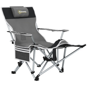 Scaun de camping pliabil si rabatabil Re-Bloom, metal/Oxford 600D, 82x50-100x88 cm, suport picioare detasabil, tetiera, 120 kg, gri - Verificat A · Re-Bloom - Img 1