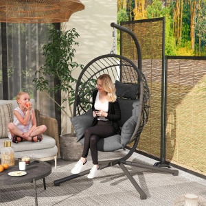 Scaun suspendat de exterior tip ou cu perna, otel/poliester/spuma/franghe PP, 115x106x188 cm, cos 90x62x114 cm, sezut 74x56cm/inaltime 43cm, capacitate 120kg, gri - Verificat A · Re-Bloom - Img 2