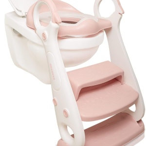 Scaun toaleta pentru copii Beartop, cu trepte, polipropilena, alb/roz, 42 x 30 x 38-48 cm