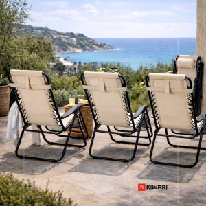 Set 11 sezlonguri pliabile Kiwari Beach 165x65x113 cm, gravitatie zero, cadru metalic/textil, tetiera, portabil, plaja/piscina/terasa, bej - Img 3