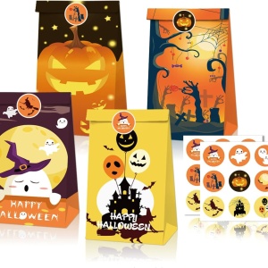 Set 12 pungi si 2 foi cu stickere pentru Halloween, hartie, multicolor, 12 x 7,8 x 20 cm