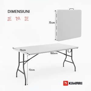 Set 15 mese pliante Kiwari Event 180x75 cm, HDPE/cadru metalic ranforsat, sistem pliere rapida, gradina/terasa/evenimente, alb - Img 2