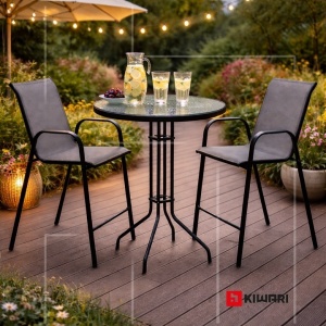 Set 16 x set mobilier gradina Kiwari Bistro 2 locuri, masa rotunda diametru 76x100 cm + 2 scaune 55x68x113 cm, suprapozabile, 110 kg, gri - Img 2