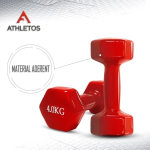 Set 2 gantere Athletos®, 2 x 4 kg, interior fonta, acoperire vinil, forma hexagonala, pentru antrenament cu greutati si fitness, Rosu, Resigilat, Grad A - Img 3