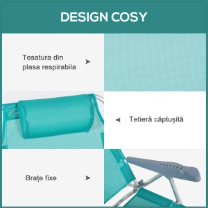 Set 2 scaune de camping pliabile cu tetiera si spatar reglabil in 6 pozitii, aluminiu/plasa transpirabila/spuma, 62x65x80 cm pliat 72x65x17 cm, sezut 47x39x20 cm, tetiera 25x13x5 cm, capacitate 120kg, albastru/gri - Verificat A · Re-Bloom - Img 4