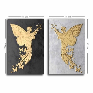 Set 2 tablouri decorative Re-Bloom, model ingeri, lemn masiv/panza, gri/negru/auriu, 45 x 70 cm - Img 3