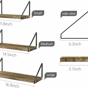 Set 3 rafturi de perete Love-KANKEI, lemn masiv/metal, maro/negru, 29,9/36,8/42,9 x 16 cm