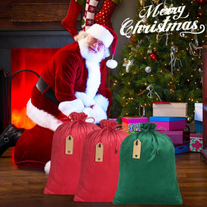 Set 3 saci pentru cadouri de Craciun Advantez, catifea, rosu/verde inchis, 41 x 50,5 cm
