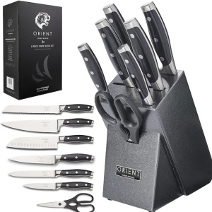 Set 6 cutite pentru bucatarie + foarfeca + suport Granit, Orient, Origin Series, premium, otel inoxidabil German X50 Ultra+, negru, Resigilat, Grad A