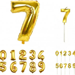 Set aniversar cu balon si lumanare pentru 7 ani REVIBOS, folie/ceara, auriu, 100 cm / 12,5 x 3,5 cm - Img 1