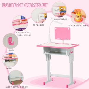 Set birou + scaun ergonomic pentru copii 6-12 ani, PP/MDF/otel, birou 60x45x90-102cm + scaun 40x36x70-74cm, inaltime reglabila, lampa LED 5W, sertar, suport carti, roz - Verificat A · Re-Bloom - Img 4