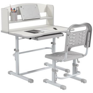 Set birou si scaun copii 6-12 ani, reglabil 82-104 cm, blat inclinabil 45°, sertar, raft carti, MDF/PP/otel, gri si alb - Verificat A · Re-Bloom