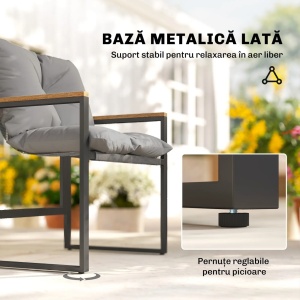 Set bistro 3 piese gradina, masa 40x40x40 cm si 2 scaune 64x62x68 cm, cadru metal antirugina, textilena, perne 10 cm, blat sticla calita, negru si teak - Verificat A · Re-Bloom - Img 5