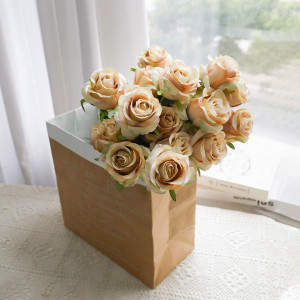 Set de 10 trandafiri artificiali Hawesome, matase/plastic, galben malt/verde, 54 cm - Img 6
