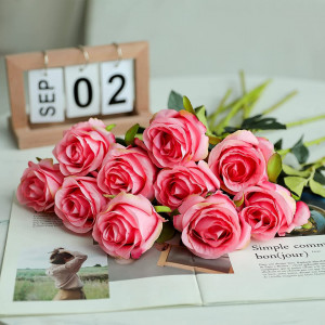 Set de 10 trandafiri artificiali Hawesome, matase/plastic, verde/roz 54 cm - Img 7