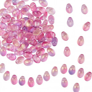 Set de 100 margele ovale pentru coliere/cercei URPRINHALL, sticla, roz, 8,5 mm