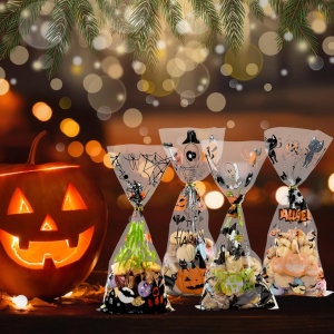 Set de 100 pungi pentru Halloween Tslbw, plastic, multicolor, 12,5 x 27,5 cm