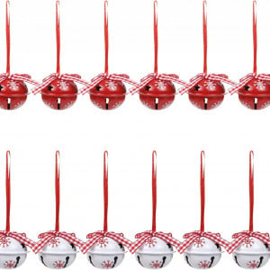Set de 12 clopotei pentru bradul de Craciun LEMESO, metal, alb/rosu, 3,7 x 10,5 cm - Img 1