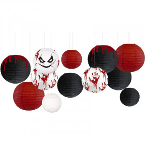 Set de 12 decoratiuni pentru Halloween AOBKIAT, alb/rosu/negru, hartie, 20 /25/ 30 cm - Img 1
